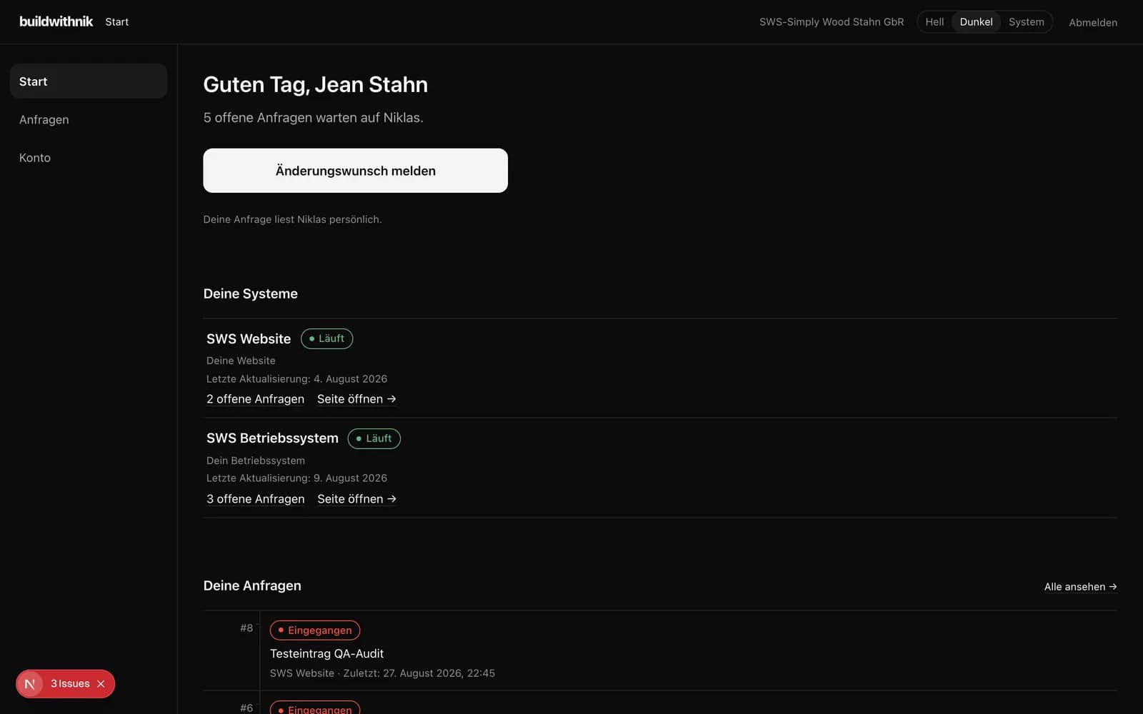 Bildschirm von BuildWithNik Portal