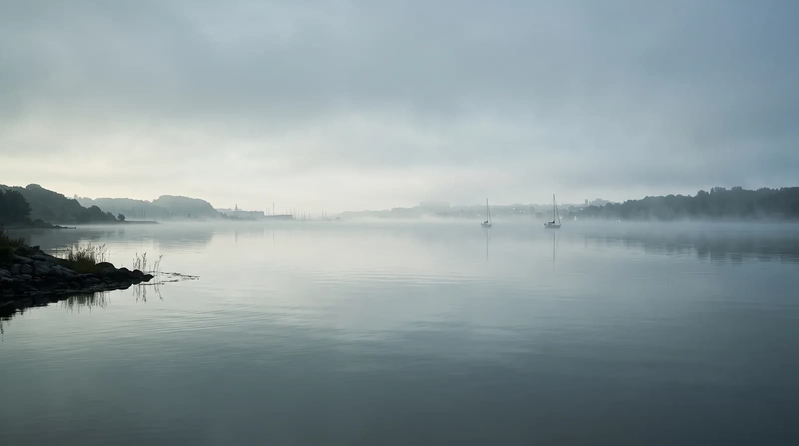 Die Kieler Förde bei Nebel am frühen Morgen, zwei Segelboote in der Ferne