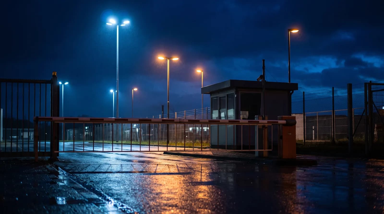 Beleuchtetes Werkstor bei Nacht, dahinter eine leere Zufahrt