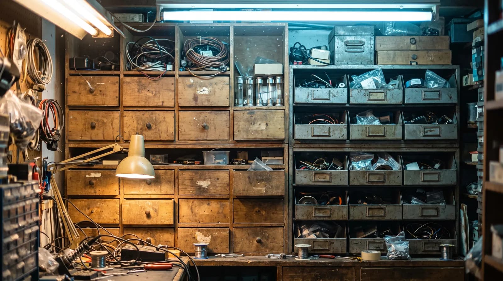 Regalzeile im Laden mit sortierten Bauteilkästen, warmes Arbeitslicht